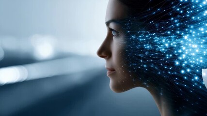 A futuristic digital portrait of a woman merging with artificial intelligence, symbolizing the integration of human and technology. Blue neural network patterns illuminate her profile - Powered by Adobe