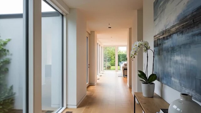 Modern Home Hallway with Natural Light and Art Decor.