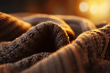 Warm light highlights a knitted fabric in a cozy room during evening hours
