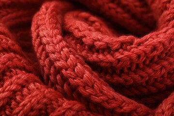Warm red knitted scarf close up showing texture and pattern during winter season