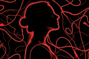 Woman's silhouette with red wires against dark background showcasing contrast and design