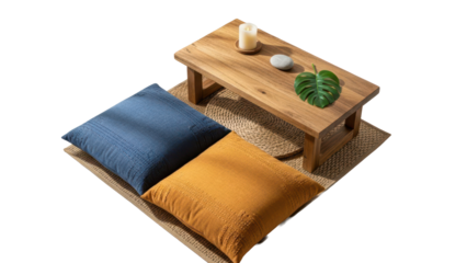 Perspective corner view of a home meditation space with floor pillows and a small altar table isolated on white background