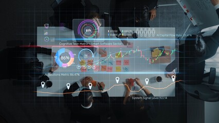 A diverse team collaborates in a business meeting while analyzing digital metrics and performance indicators related to the smart software sector through advanced data visualization. Raster