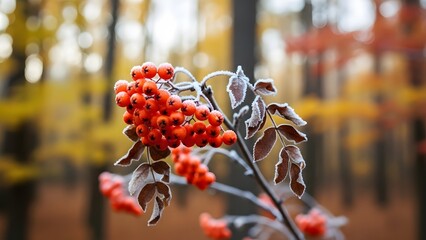 Close-up of frost-covered rowan berries and leaves in autumn forest with bokeh background.