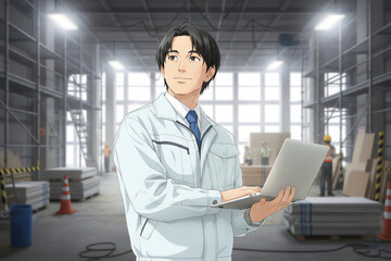 工場内でパソコンを使う作業服の男性