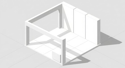 Fototapeta premium Minimalist 3D rendering of an abstract white architectural structure with open sides and geometric forms.