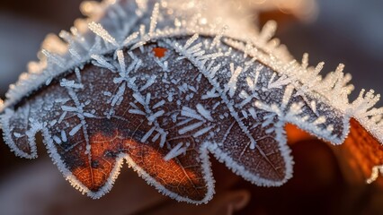 Close-up of a frosted autumn leaf covered in delicate ice crystals illuminated by warm morning light.