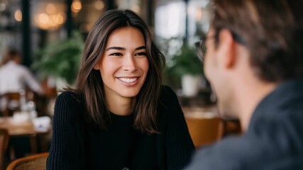 Young woman with long brown hair smiling brightly while sitting at a cozy cafe table, engaging in a cheerful conversation. Warm ambient lighting creates a relaxed, inviting atmosphere