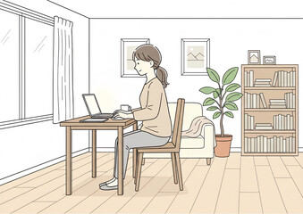 窓際のデスクでPC作業をする女性：リラックスした自宅でのリモートワーク