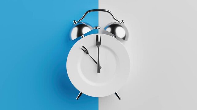 4k Resolution Video: Time And Nutrition Concept. Forks Seamless Looped Animating  Rotating Like Timer Hands On Plate Styled As Alarm Clock On Blue And White Background with Alpha Matte
