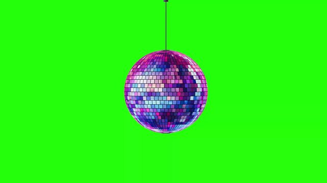 4k Resolution Video: Nightlife And Party Entertainment Concept. Shiny Disco Mirror Ball Seamless Looped Animating And Glowing With Colorful Lights On Green Screen Background
