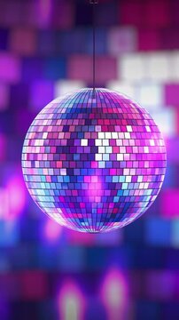 4k Resolution Vertical Video for Social Media: Nightlife And Party Entertainment Concept. Shiny Disco Mirror Ball Seamless Looped Animating And Glowing With Colorful Lights On Abstract Club Backgroun
