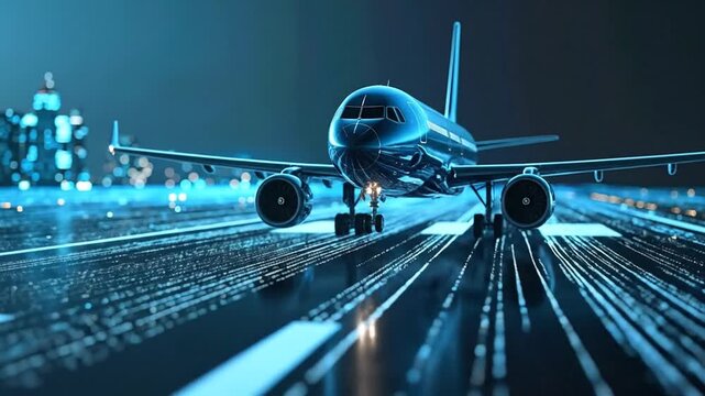 Sleek aircraft ready for takeoff on a digital runway, representing innovation, connectivity, and the future of smart global transportation and advanced aviation technology