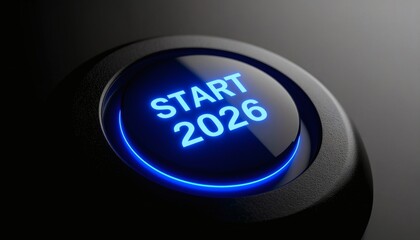 Close-up of a glowing blue start button with the text 'START 2026' on a dark background with a metallic sheen.