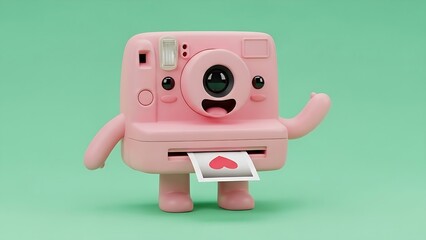 Cute pink instant camera character waving hand, smiling, and printing heart photo on a mint green background