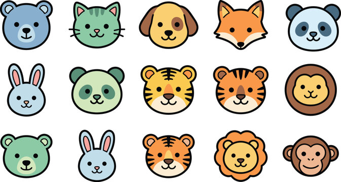 Cute animal face icon set with bear, cat, dog, fox, panda, rabbit, tiger, lion, monkey cartoon illustration