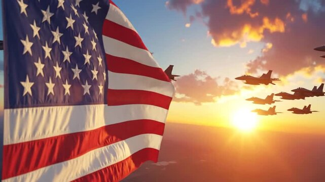 American Flag and Fighter Jets Flying Towards a Sunset Symbolizing Freedom and Patriotism