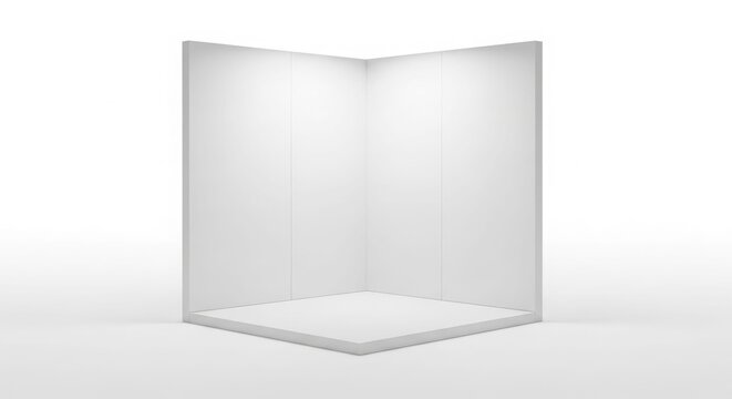 A minimalist, empty white corner display booth or exhibition stand with a clean background.