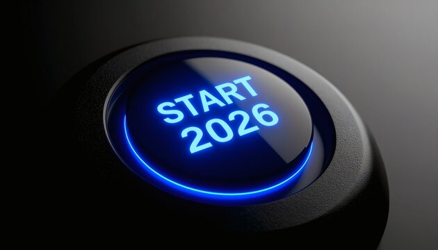 Close-up of a glowing blue start button with the text 'START 2026' on a dark background with a metallic sheen.