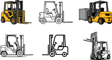 Forklift truck illustration set, warehouse and logistics vehicles, industrial lifting equipment icons, line art and colored vector collection © DolanAktar