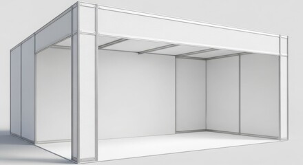 Empty white modular exhibition booth with silver framing against a light background.