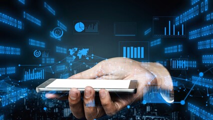 A hand holds a smartphone amidst a digital interface featuring vibrant data charts and graphs, symbolizing the intersection of technology and modern business innovation. Xenic