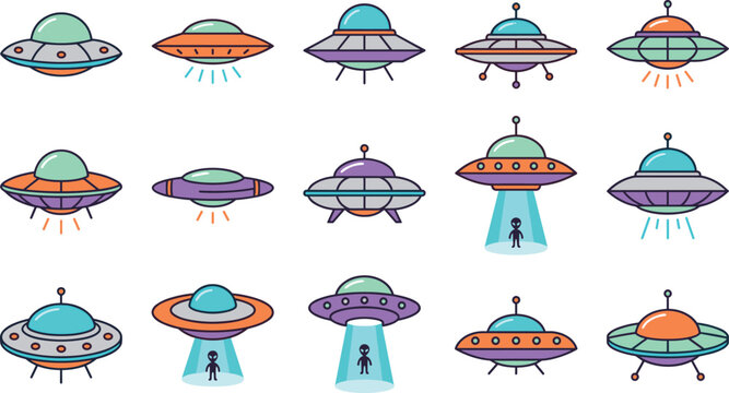 Cute UFO spaceship icon set in flat cartoon style, colorful alien flying saucer collection for sci fi design