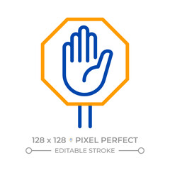 Obraz premium Stop hand sign pixel perfect two color line icon. Traffic safety. Message for drivers. Road infrastructure bicolor outline symbol. Duotone linear pictogram. Isolated illustration. Editable stroke