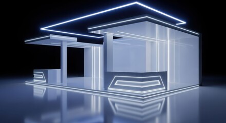 Sleek, futuristic exhibition stand with glowing blue light lines on a dark background, showcasing modern architectural design.