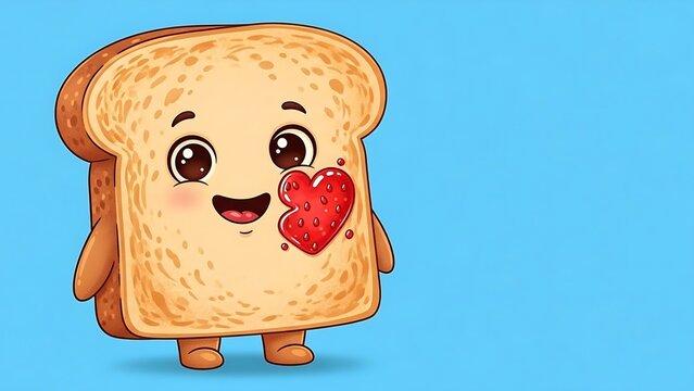 Cute cartoon toast character holding a strawberry jam heart, smiling happily on a bright blue background with copy space