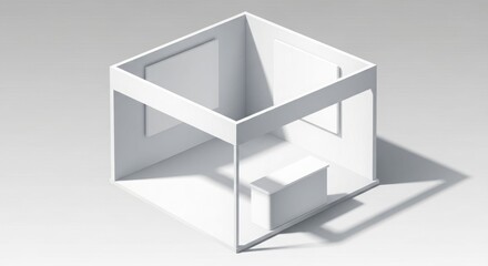 Fototapeta premium A minimalist white open-top cube structure with a counter and display areas, casting shadows on a light background, representing an exhibition booth design.