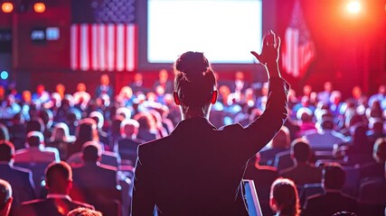Speaker addressing a large audience in a brightly lit conference hall with an American flag in the background
