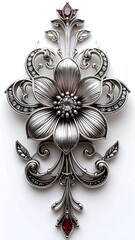 Ornate, symmetrical, silver-colored jewelry. Central flower design, surrounded by swirling patterns and small gemstones on a white backdrop