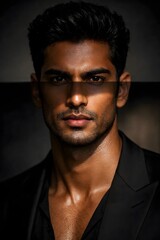 Fototapeta premium Male fashion model south indian tamil 29, muscular physique, luxury editorial portrait, ultra-realistic 8k