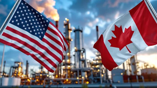 Flags of the United States and Canada against an industrial backdrop, symbolizing robust cross-border energy relations and economic cooperation
