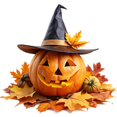 Detailed Carved Pumpkin Wearing Witch Hat with Candlelight