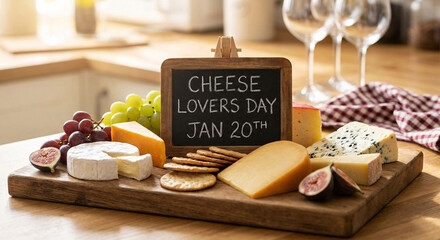 A festive cheese board with various cheeses, grapes, figs, and crackers, celebrating Cheese Lovers Day on January 20th, set on a kitchen counter with wine glasses.