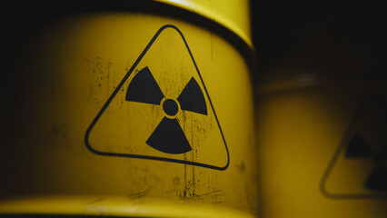 Radioactive symbol on yellow toxic waste barrel close-up. 3d rendering