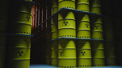 Stacks of radioactive waste barrels in dark warehouse. 3d rendering