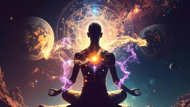 A person meditates in lotus position surrounded by celestial bodies and vibrant energy emanating from their body in a cosmic environment viewed from the front