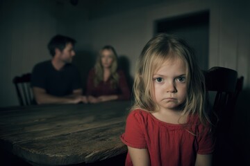 Child sitting alone at a table while parents talk quietly in the background in a dimly lit room during evening hours