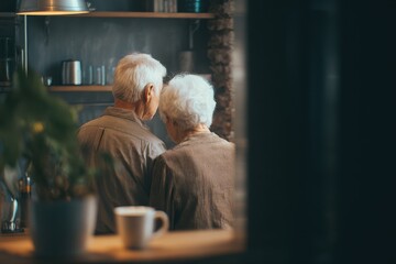 Elderly couple sharing a moment in a cozy room with plants and a cup of coffee in the background