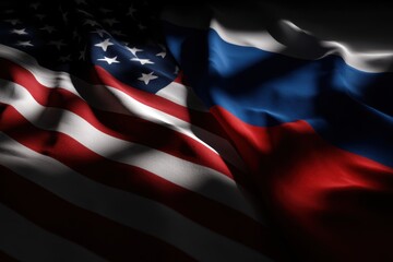 Flags of the United States and Russia waving together in a display of international relations and diplomacy on a dark background