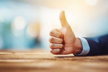 Hand giving thumbs up sign in an office setting during daytime, showing approval and satisfaction from a person