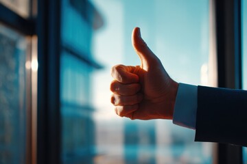 Hand shows thumbs up gesture in an office setting with bright light in the background