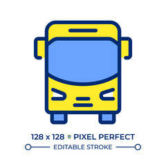 Fototapeta premium Bus pixel perfect line color icon. Popular public transport. Comfortable passenger transportation. Travelling route. Isolated vector illustration. Flat colorful symbol design. Editable stroke