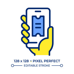 Hand holding smartphone with e ticket pixel perfect line color icon. Payment fares. Digital service for passengers. Isolated vector illustration. Flat colorful symbol design. Editable stroke