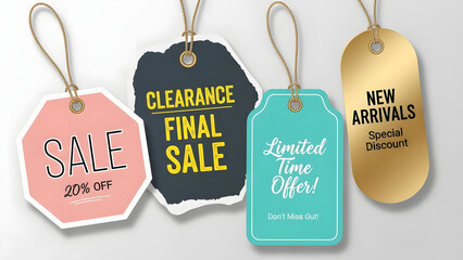 Colorful Retail Price Tags Set with Sale Clearance Limited Time and New Arrivals Messages on White Background