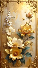 Ornate, vertical illustration of floral embellishments in gold and cream tones against a textured golden backdrop, framed
