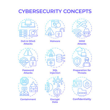Cybersecurity blue gradient concept icons. Sql injection, personal privacy. Ddos attack. Internet protection. Icon pack. Vector images. Round shape illustrations for brochure, booklet. Abstract idea